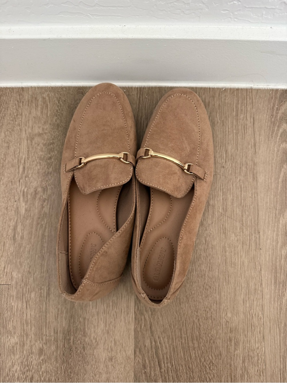 Old Navy Taupe Suede Loafers with Gold Accent